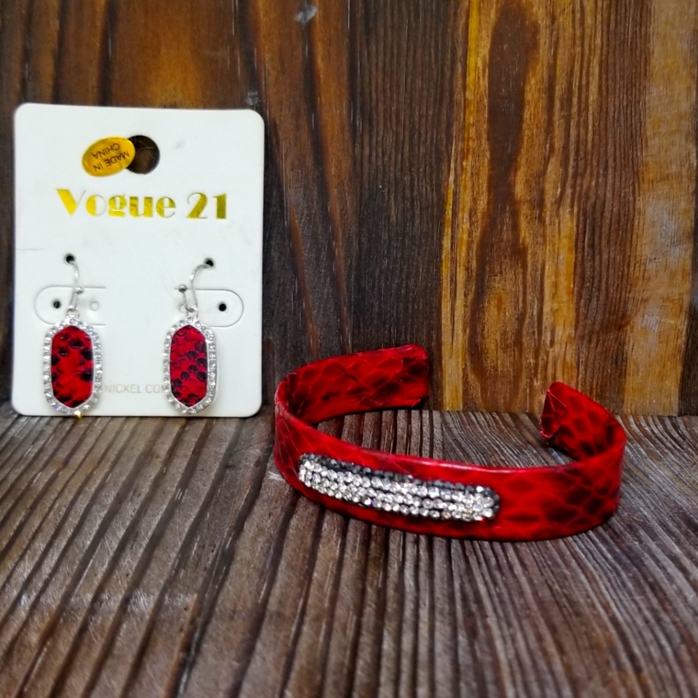 Red faux snakeskin bracelet and earring set